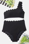 High Waist Scalloped Trim One Shoulder Bikini