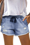 Elastic Waist Distressed Raw Hem Denim Shorts