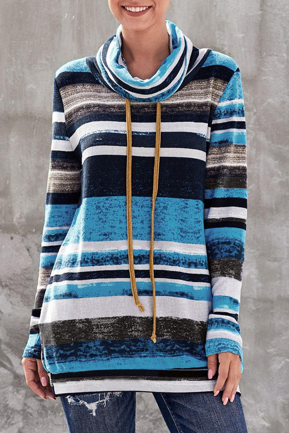 Multicolor Cowl Neck Striped Long Sleeve Sweatshirt