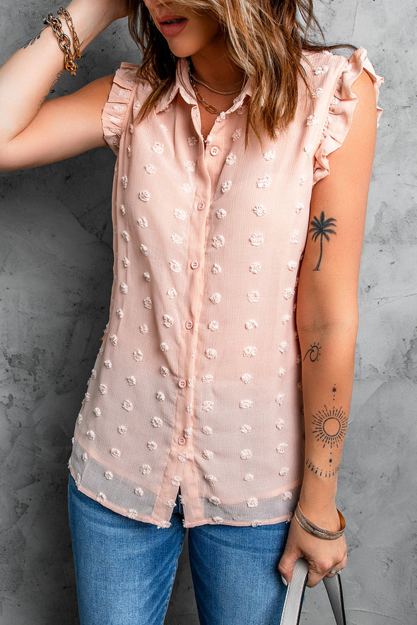 Turn-down Collar Ruffle Polka Dot Tank