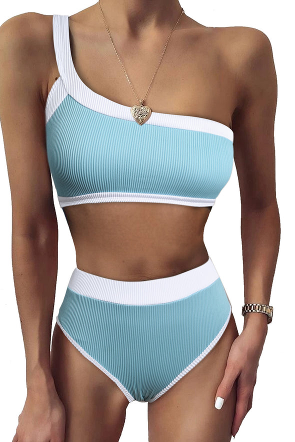 One Shoulder Patchwork High-waisted Bikini Set