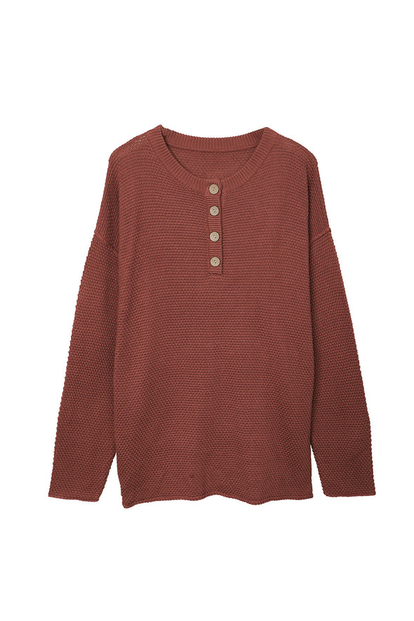Henley Pullover Drop Shoulder Sweater with Slits