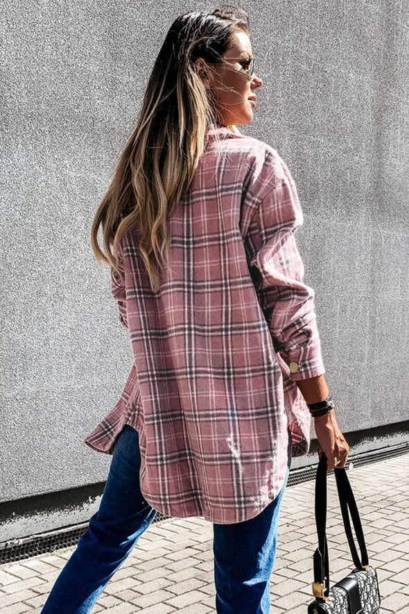 Plaid Pattern Buttoned Shirt Coat with Slits