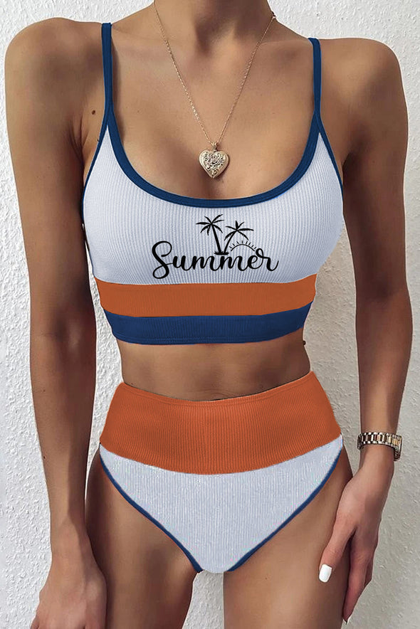 Spaghetti Straps Colorblock Ribbed High Waisted Swimsuit