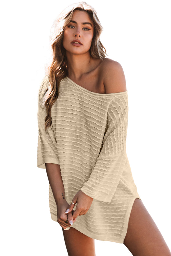 Brown Textured Knit Drop Shoulder Tee
