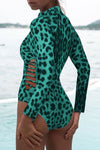 Print Zipper Cut-out Rash Guard Swimsuit