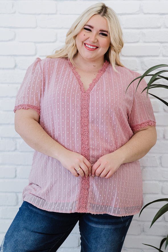 V Neck Lace Crochet Swiss Dot Short Sleeve Blouse