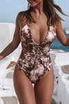 Tie Dye Lace Up Front Plunging V One Piece Swimsuit