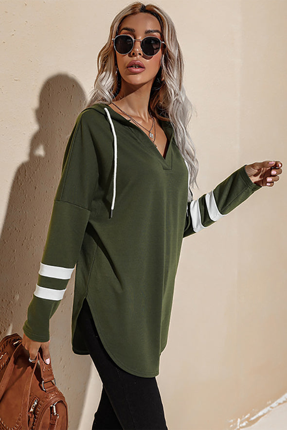 Striped Side Split V Neck Hoodie