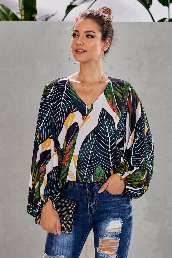 Multicolor Boho Print Balloon Sleeve Blouse