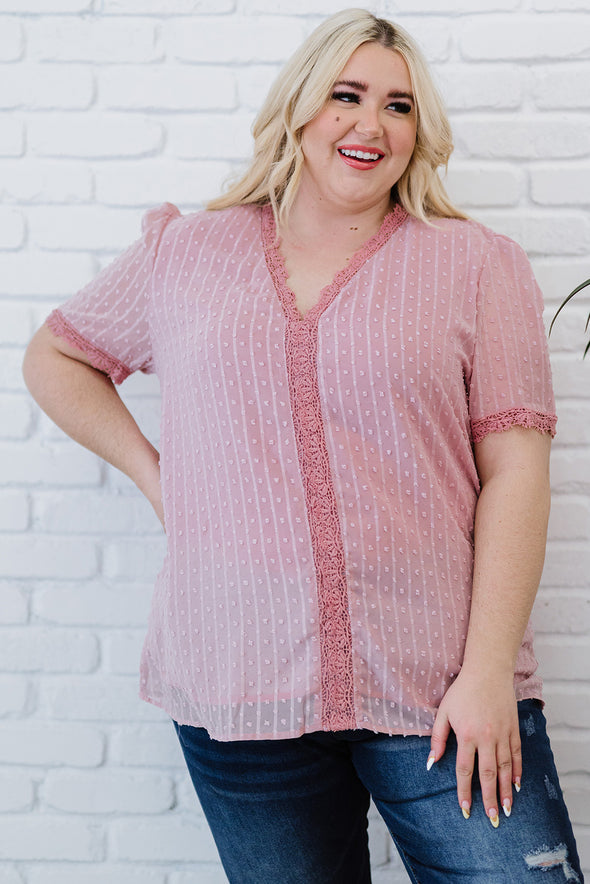 V Neck Lace Crochet Swiss Dot Short Sleeve Blouse