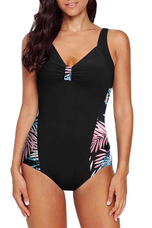 Leaves Splicing Ruched Front Open Back One-piece Swimsuit