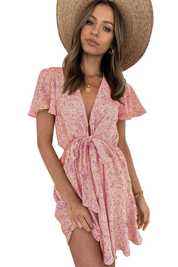 Floral Print Tie Knot Ruffled Short Sleeve Mini Dress