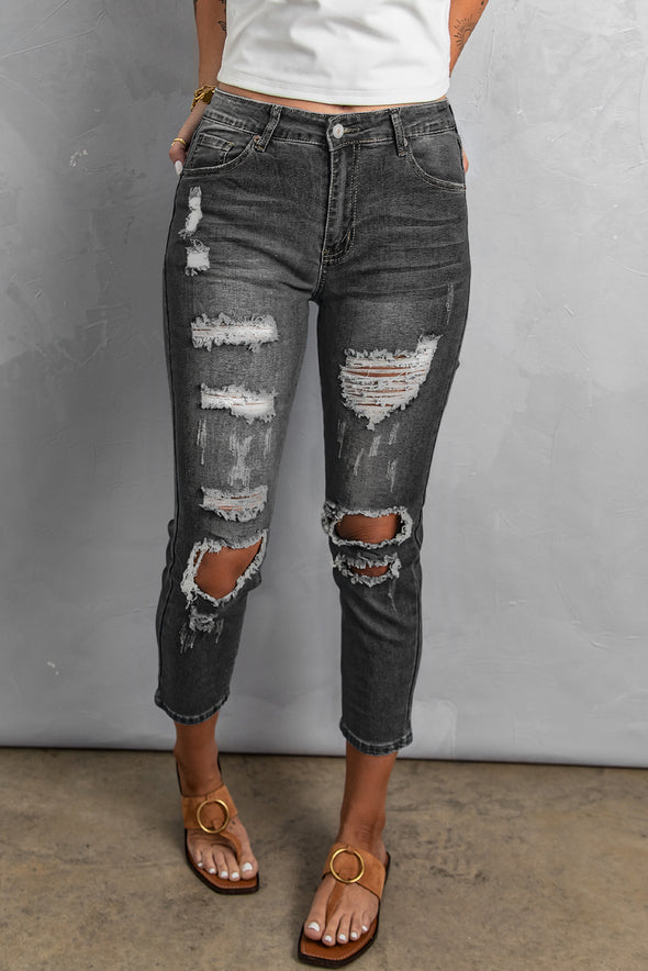 Fading Distressed Holes Crop Jeans