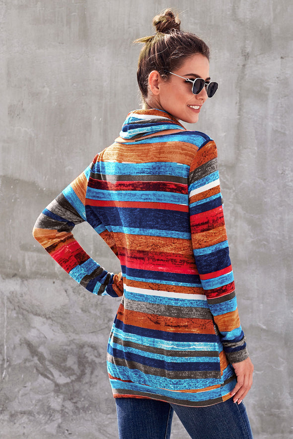 Multicolor Cowl Neck Striped Long Sleeve Sweatshirt