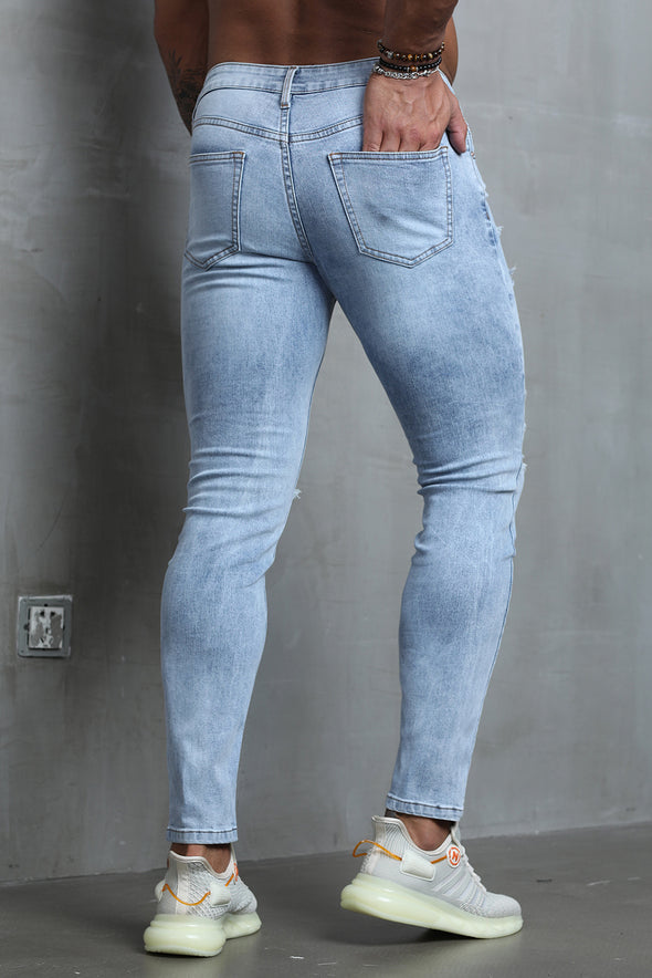 Men's Skull Print Patchwork Distressed Skinny High Waist Jeans