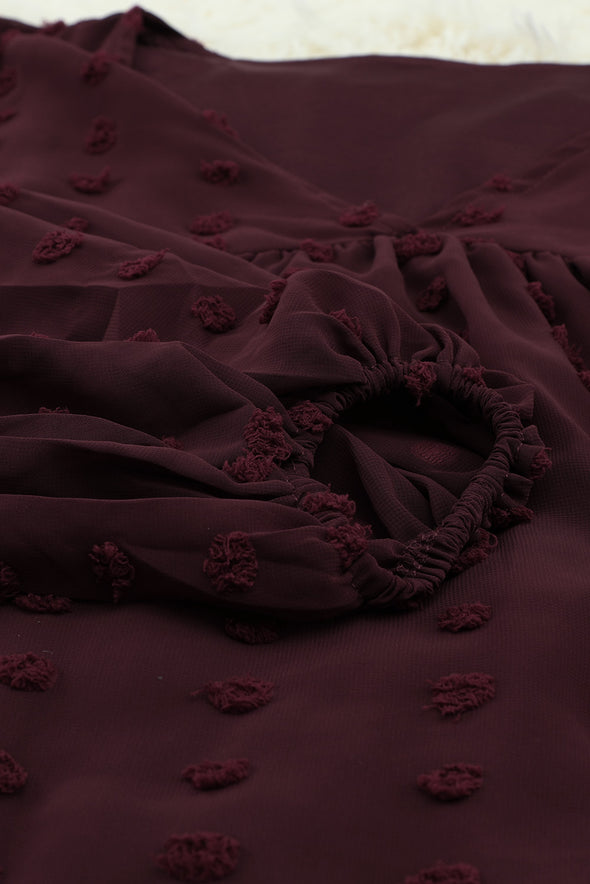 Wine Red V Neck Lantern Sleeve Swiss Dot Plus Size Blouse