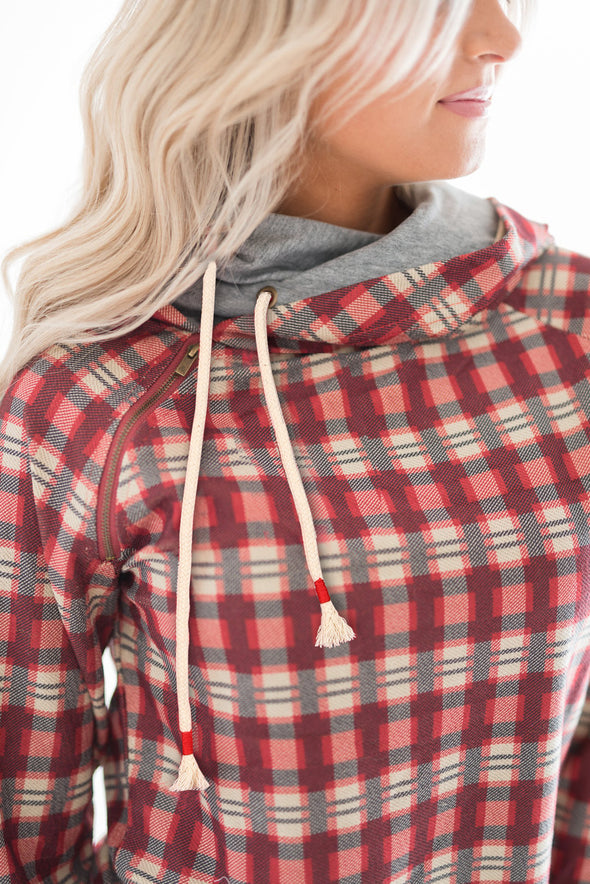 Cowl Neck Plaid Drawstring Hoodie with Thumb Hole