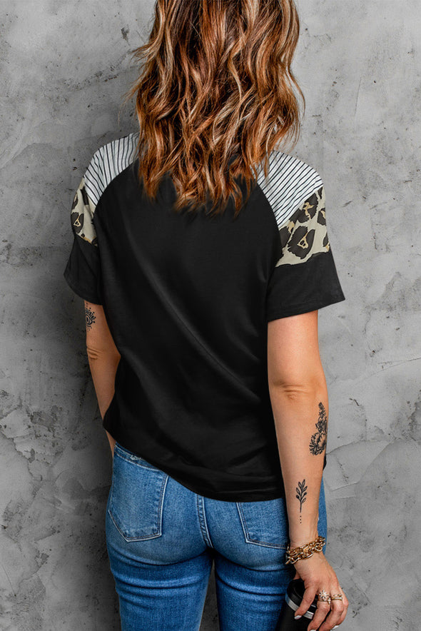 Letter Heart Print Leopard Striped Color Block Short Sleeve T-shirt