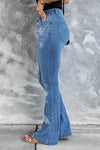 Dark Blue Mid Rise Button Front Flare Denim