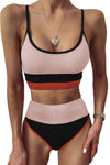 Spaghetti Straps Colorblock Ribbed High Waisted Swimsuit