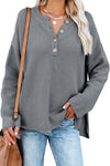 Henley Pullover Drop Shoulder Sweater with Slits