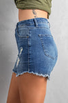 Dark Blue Frayed Hem Denim Shorts