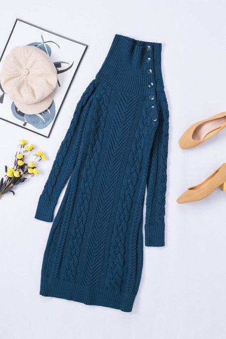 Asymmetric Buttoned Collar Black Bodycon Sweater Dress