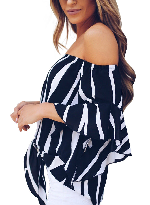 Off The Shoulder Vertical Stripes Blouse in Black