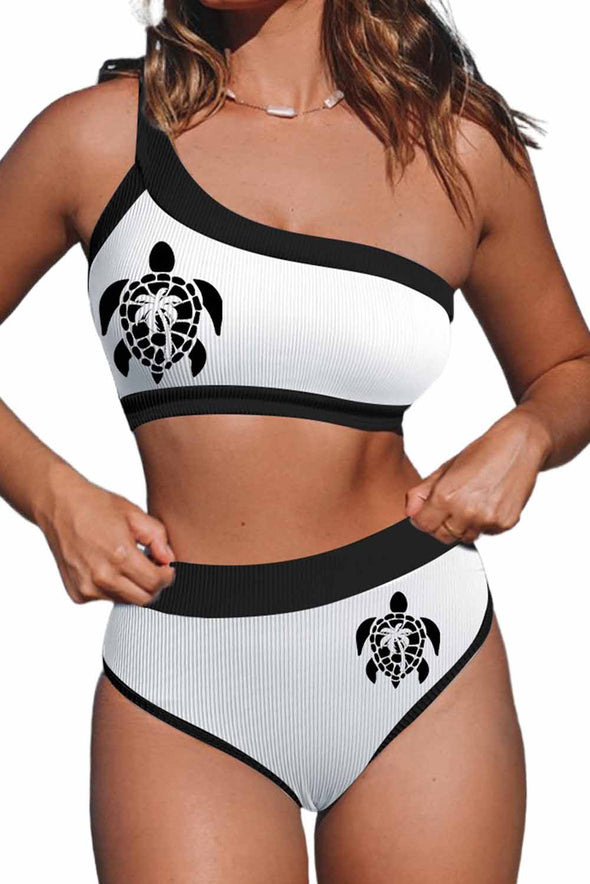 One Shoulder Patchwork High-waisted Bikini Set