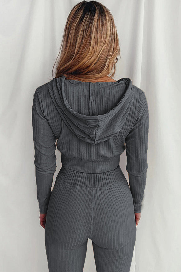 Ribbed Knit Cropped Hoodie and Jogger Two Piece Set