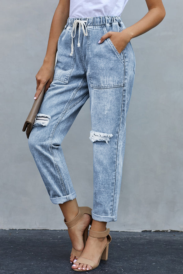 Gather Round Distressed Pocketed Denim Jogger