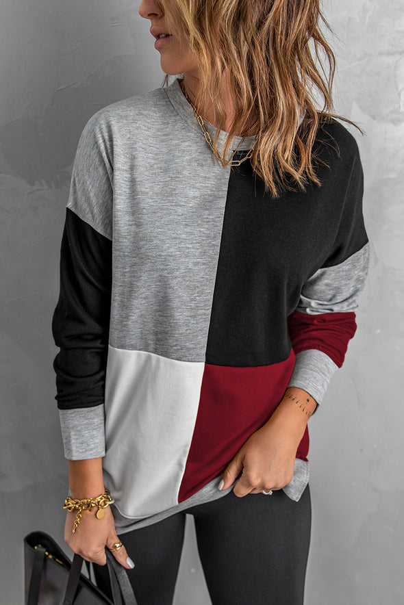 Color Block Round Neck Long Sleeves Pullover Sweatshirt