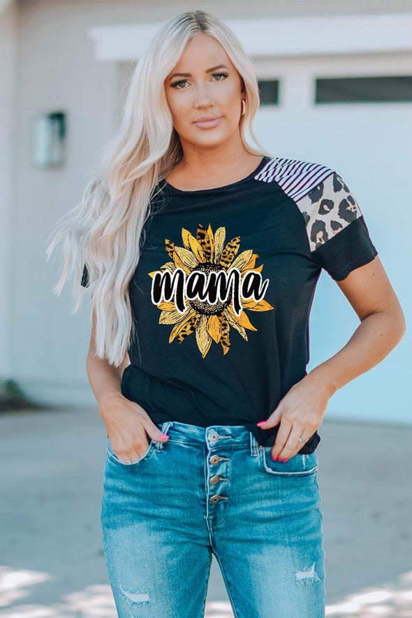 Letter Heart Print Leopard Striped Color Block Short Sleeve T-shirt