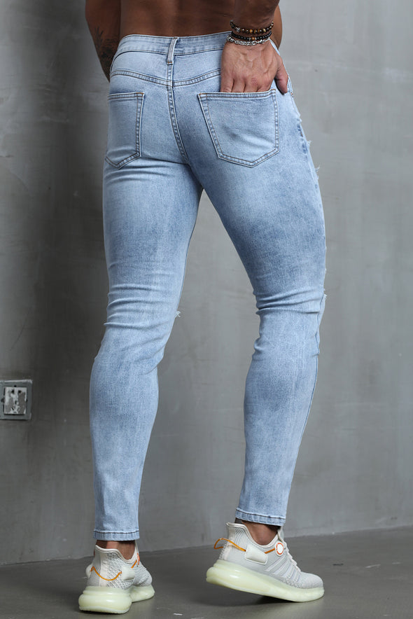 Men's Skull Print Patchwork Distressed Skinny High Waist Jeans