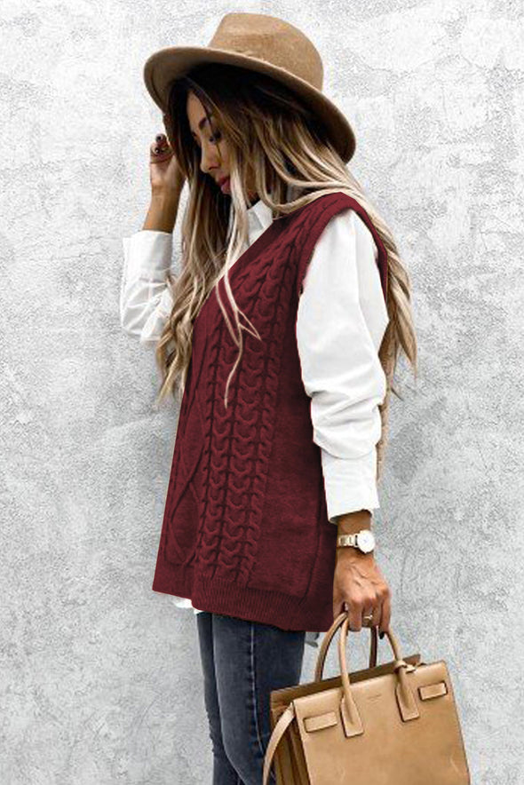Wine Sleeveless Cable Knitted Sweater Tank