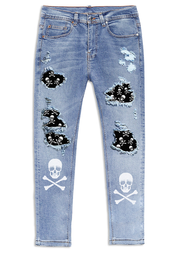 Men's Skull Print Patchwork Distressed Skinny High Waist Jeans
