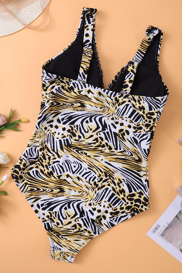 Floral Print Lattice Plunge One Piece Swimsuit