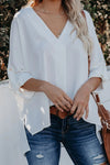 V Neck 3/4 Sleeve High Low Hem Shirt
