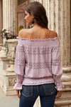 Off Shoulder Ruffle Long Sleeve Smocked Waist Lace Crochet Blouse