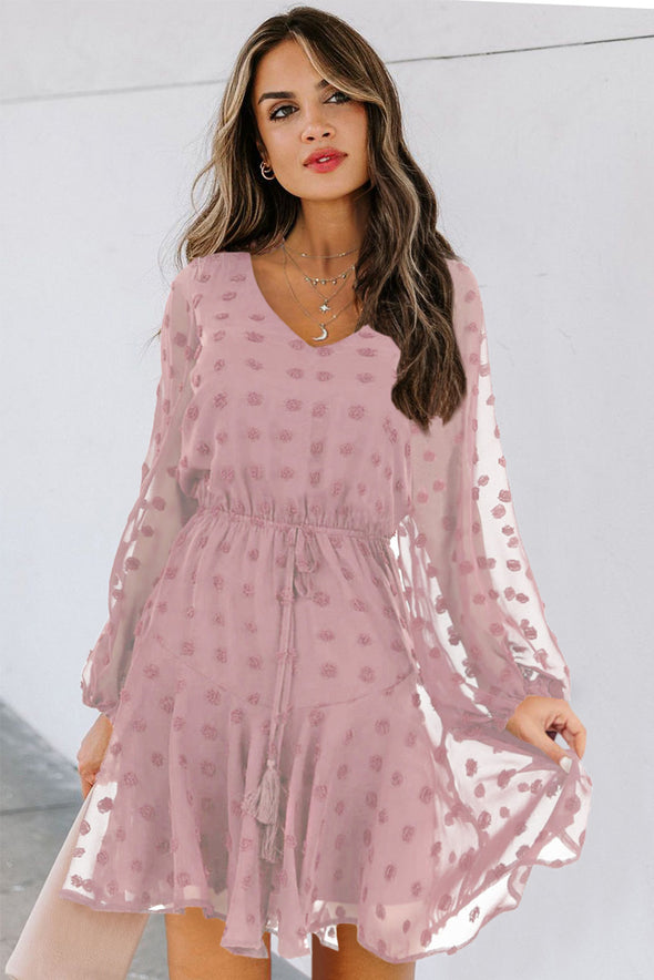 Swiss Dot Long Sleeve Mini Dress with Waist Tie