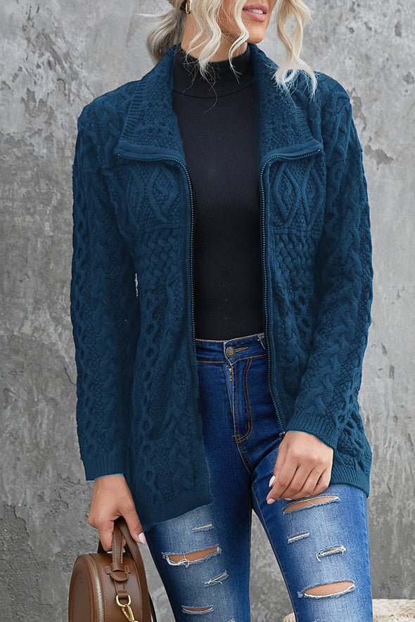 Wine Red Zip-up Open Front Knitted Sweater