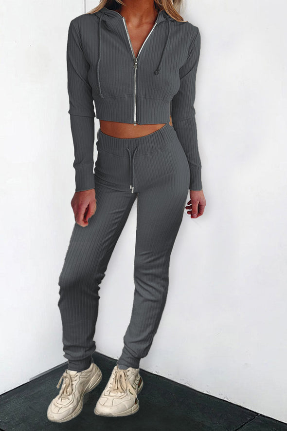 Ribbed Knit Cropped Hoodie and Jogger Two Piece Set