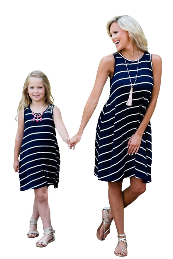 Daughter and Me Family Matching Navy Striped Sleeveless Mini Dress