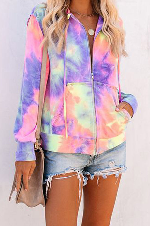 Multicolor Tie-dye Pocket Zip Up Hoodie