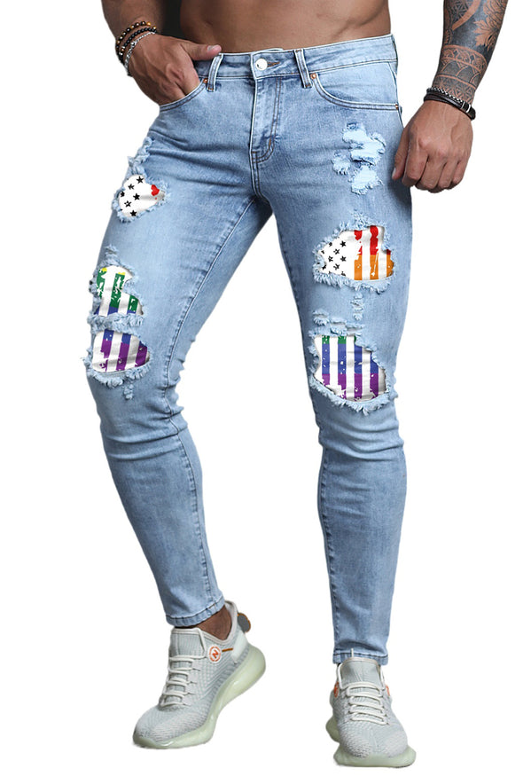 Men's Skull Print Patchwork Distressed Skinny High Waist Jeans