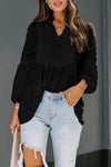 Swiss Dot Split Neck Ruffle Babydoll Blouse