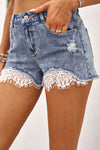 Lace Rhinestone Decor Frayed Hem Denim Shorts
