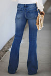 Dark Blue Mid Rise Button Front Flare Denim