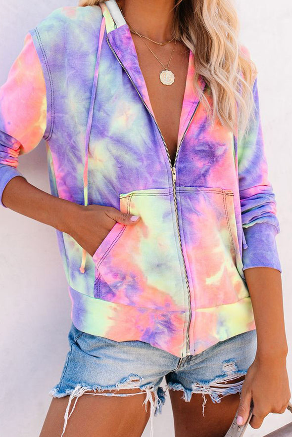 Multicolor Tie-dye Pocket Zip Up Hoodie